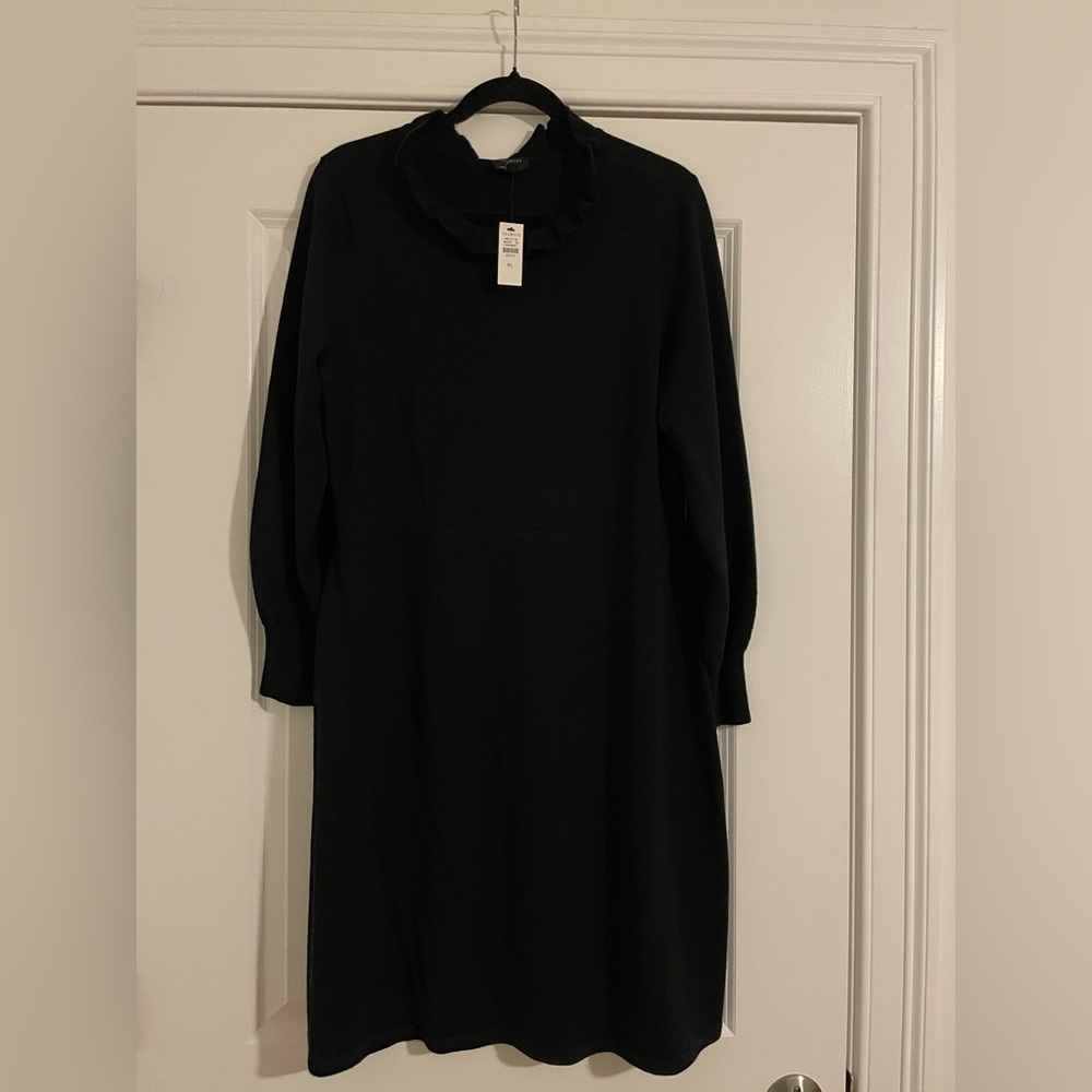 Talbots Black Wool Dress. NWT. Waist Detail & Ruffle Neck. Size L Petite